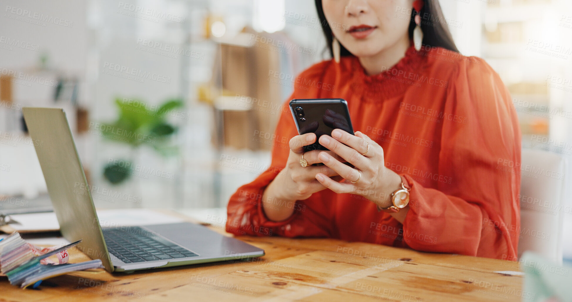 Buy stock photo Woman, hands and smartphone for typing, connection and communication with social media, chatting and sms. Laptop, hand and female person with cellphone, mobile app and network for texting or message