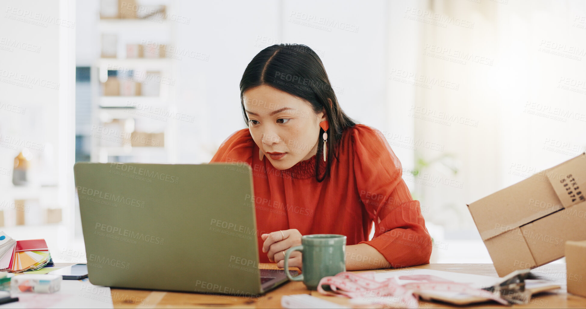 Buy stock photo Thinking, concentrating and laptop with business woman for planning, research and idea. Technology, question and inspiration with employee at desk for solution, designer and creative in startup