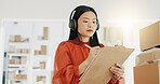 Business, fashion designer and Asian woman with checklist for planning, logistics and order delivery. Retail, commerce and girl listen to music for productivity for clothes, shipping and distribution