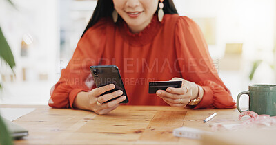 Woman hands, credit card and phone for business online shopping, trading or fintech payment in office startup. Professional person typing bank information on cellphone for website loan or transaction