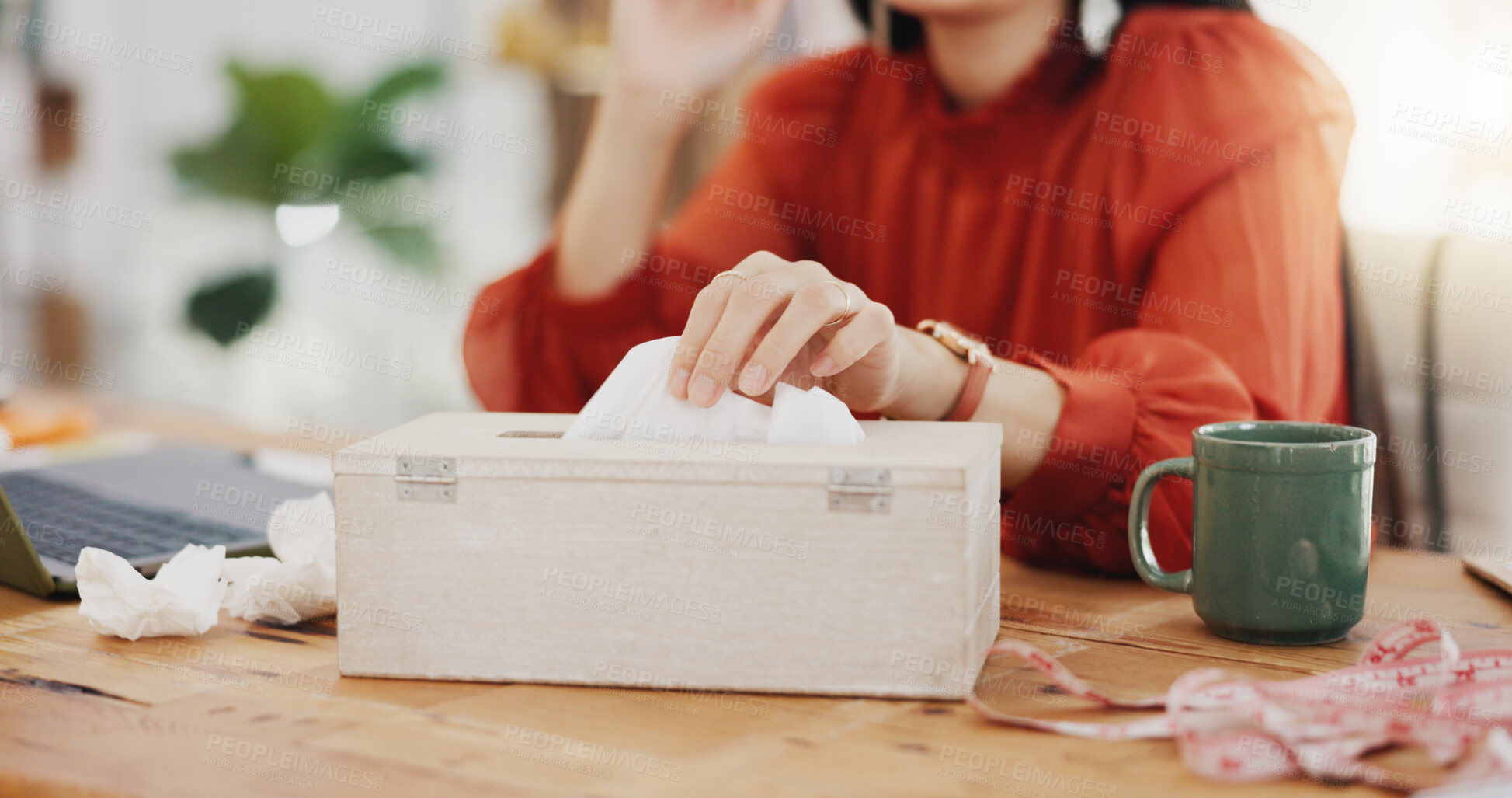 Buy stock photo Tissue, blowing nose and sick Asian woman in office with sinus infection, virus and allergy symptoms. Business, corporate workplace and female worker at desk with cold, fever problem and flu sickness