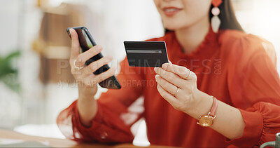 Happy woman, credit card and phone for business online shopping, trading or fintech payment in office startup. Asian fashion person with bank information on cellphone for website loan or transaction