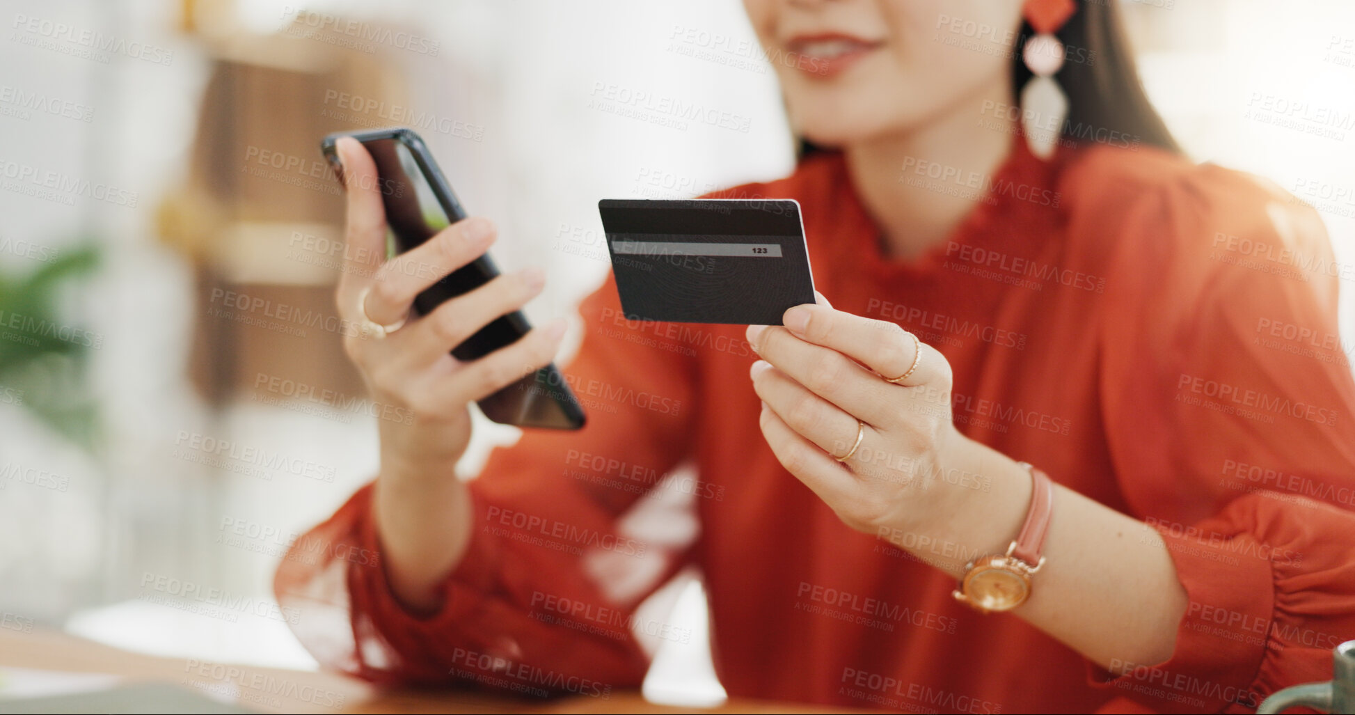 Buy stock photo Happy woman, credit card and phone for business online shopping, trading or fintech payment in office startup. Asian fashion person with bank information on cellphone for website loan or transaction