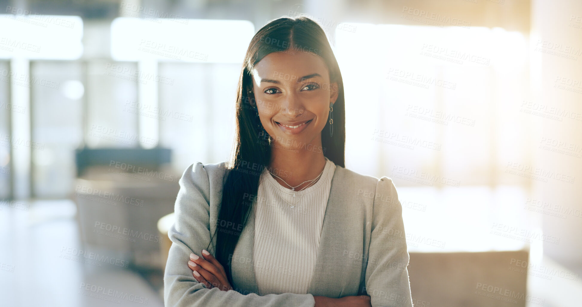 Buy stock photo Businesswoman, smile and confidence with arms crossed in office, success and pride in career. Happy indian person, corporate professional and portrait in workplace, motivation and mission by space