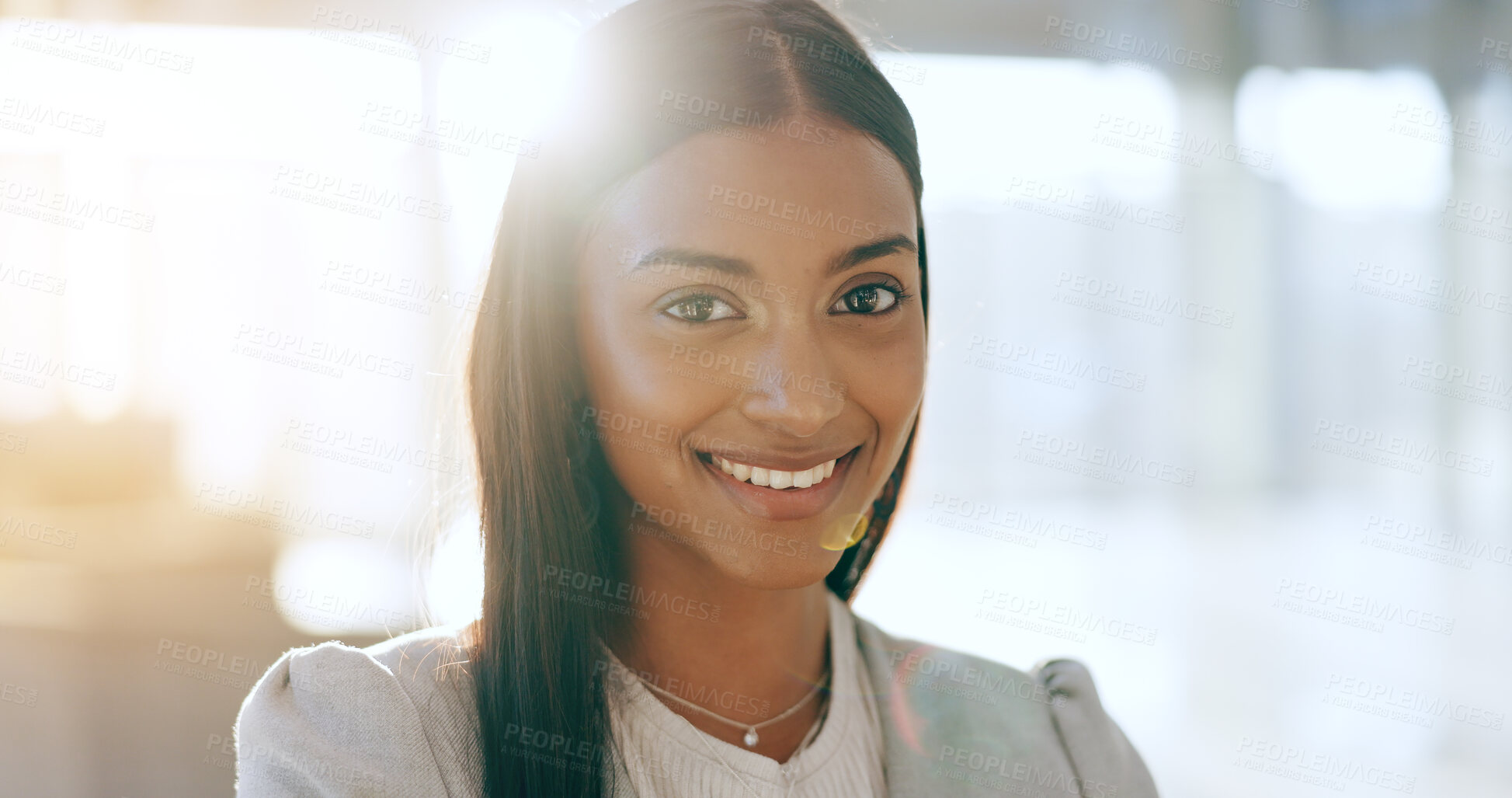 Buy stock photo Portrait, happy business woman and smile for legal advice in office with confidence, pride and trust. Manager, professional female lawyer at law firm or young attorney with motivation at workplace.