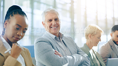 Face, businessman and people in waiting room for job interview, meeting or diversity in hr, line or queue. We are hiring, group and portrait of happy man with arms crossed with opportunity or success