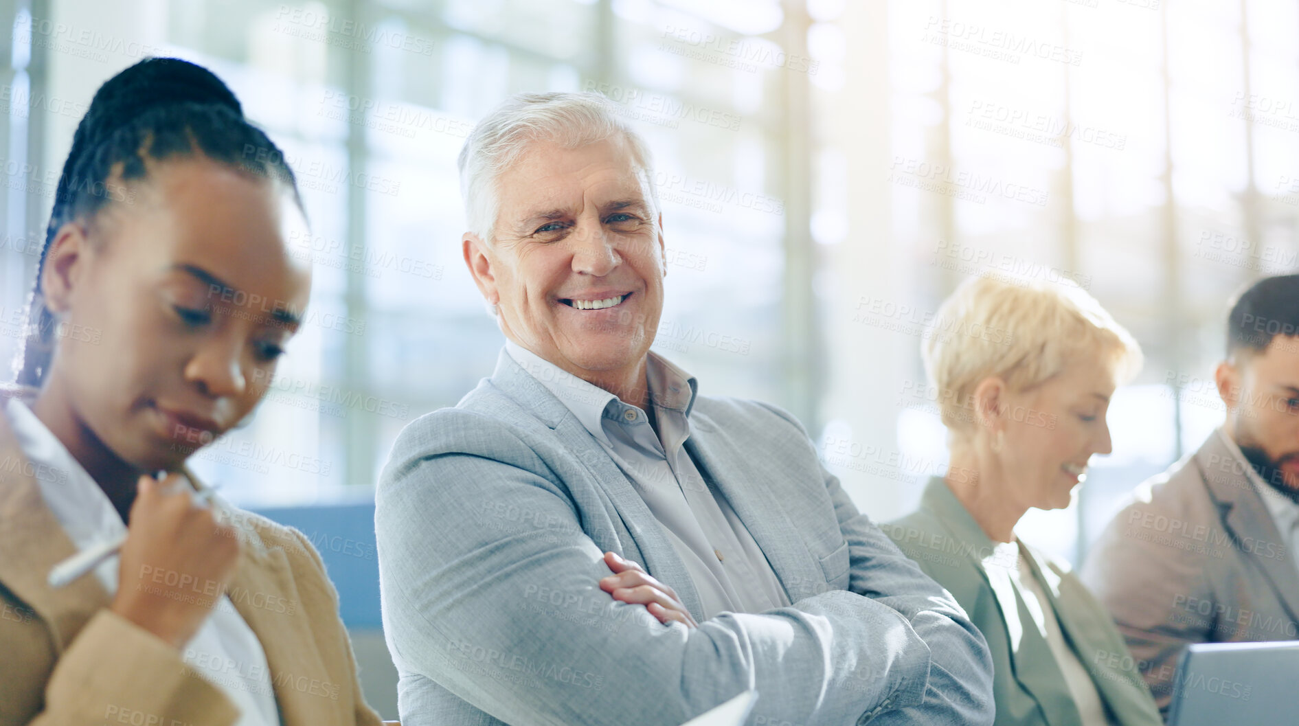 Buy stock photo Face, businessman and people in waiting room for job interview, meeting or diversity in hr, line or queue. We are hiring, group and portrait of happy man with arms crossed with opportunity or success