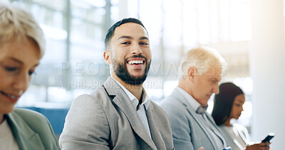 Face, business man and waiting room, airport or lobby for travel opportunity, international career and interview. Happy portrait of people in diversity for immigration service or job recruitment