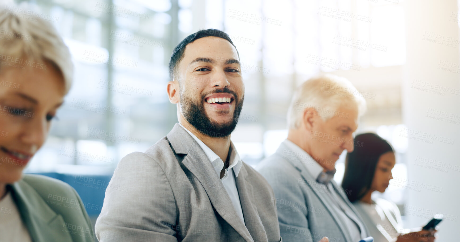 Buy stock photo Man, smile and portrait in waiting room for interview, recruitment or research for job opportunity. Business people, happy or excited face in queue for hiring, human resources or networking in office