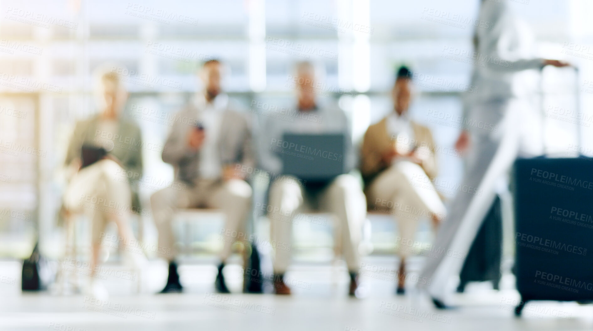 Buy stock photo Airport, business people and blur waiting room with technology to check plane schedule, travel flight booking or transport journey. Airplane departure, lobby and group on tablet, cellphone or laptop