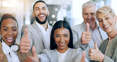 Business people, thumbs up and success, teamwork or collaboration and goals, like or peace sign in office. Face of women and men, internship diversity or boss in support, group portrait and ok emoji