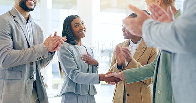 Business woman, handshake and meeting applause for hiring success, recruitment and welcome or praise. Congratulations, job promotion and thank you of Human Resources manager and people shaking hands
