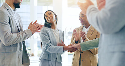 Business woman, handshake and meeting applause for hiring success, recruitment and welcome or praise. Congratulations, job promotion and thank you of Human Resources manager and people shaking hands