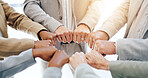 Business people, hands and group fist bump for motivation, collaboration and corporate solidarity, goals or support. Staff mission, workflow and synergy or diversity with integration sign and circle