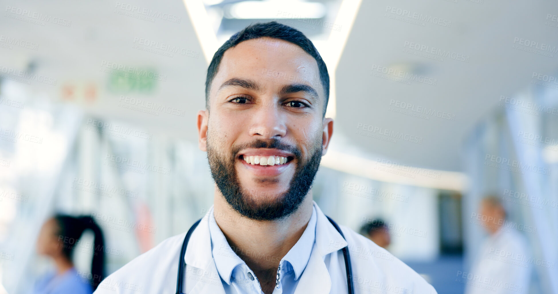 Buy stock photo Happy, smile and portrait of man doctor in the hospital for medical diagnosis or treatment. Confidence, pride and headshot of professional young male healthcare worker from Mexico in medicare clinic