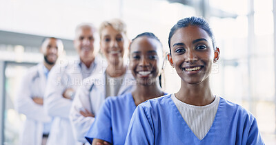 Face of doctors, team and smile for medical services, staff support or trust of hospital consulting. Portrait of indian woman, clinic nurses or diversity group of surgeons in healthcare collaboration