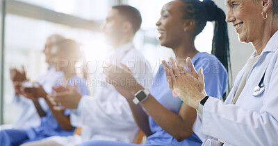 Happy, wow or doctors clapping for success, good job or results target in hospital meeting or workshop. Applause, congratulations or excited group of nurses smiling for medical goals, news or support