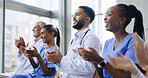 Excited, wow or doctors clapping for success, good job or results target in hospital meeting or workshop. Applause, presentation or group of happy nurses smiling for medical goals, news or support