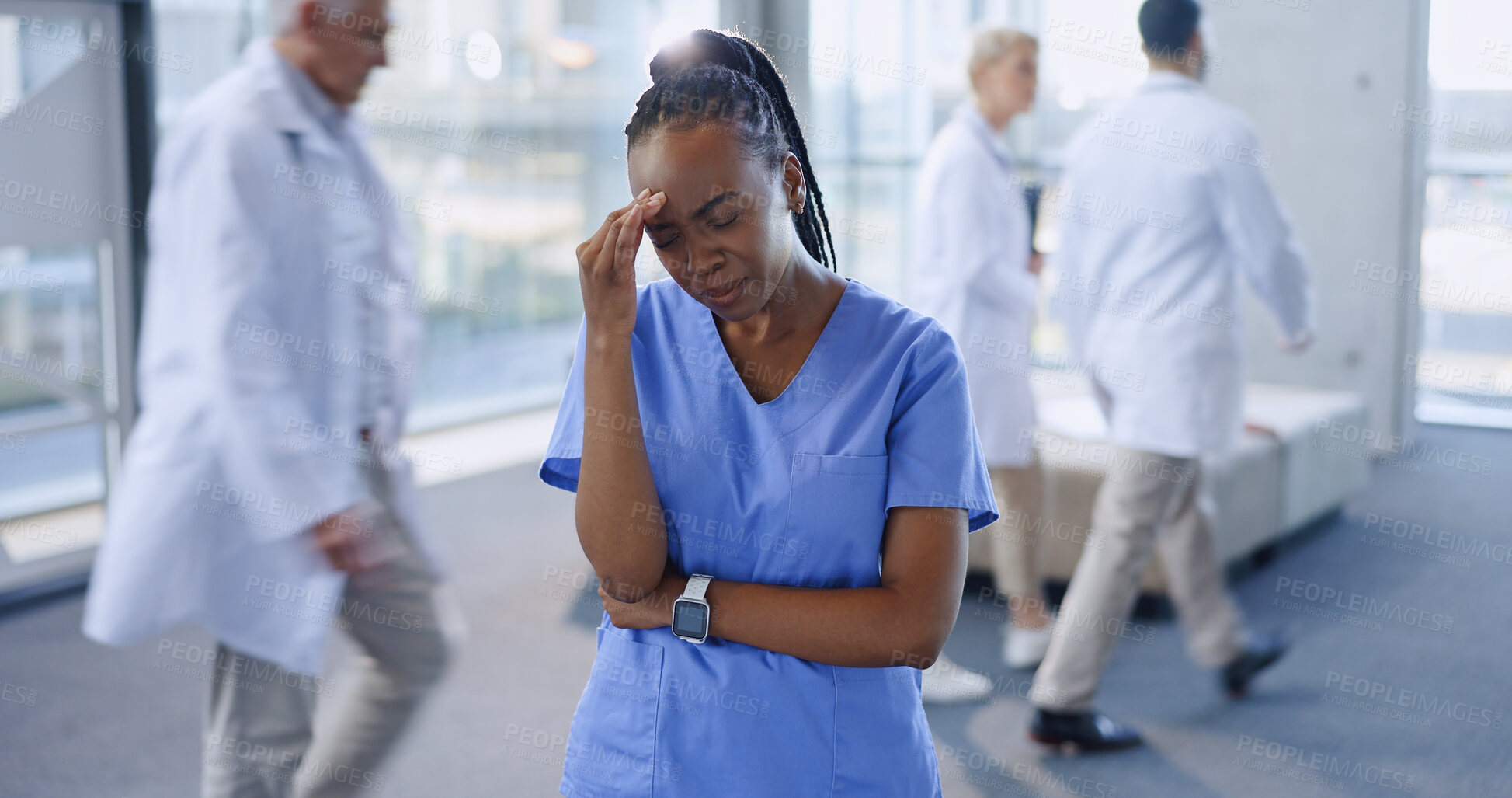 Buy stock photo Nurse, woman and stress headache or overworked in hospital, overtime and burnout or migraine in clinic. Black doctor, tired and fatigue or anxiety for medical problem, mistake and fail with career