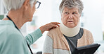 Doctor, tablet or patient in neck brace in consultation talking about results or planning rehabilitation in hospital. Advice, online or senior caregiver speaking to old woman with injury or accident