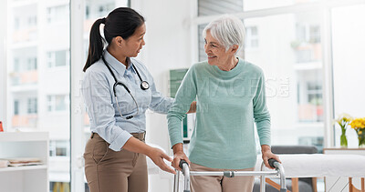 Rehabilitation, walker or doctor walking with old woman in retirement or hospital for wellness or support. Physio, nurse helping or elderly patient learning with frame in physical therapy recovery