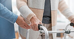 Hands, walker or caregiver with patient in rehabilitation or hospital for nursing, healing or support closeup. Learning, nurse helping or person with walking frame in physical therapy recovery