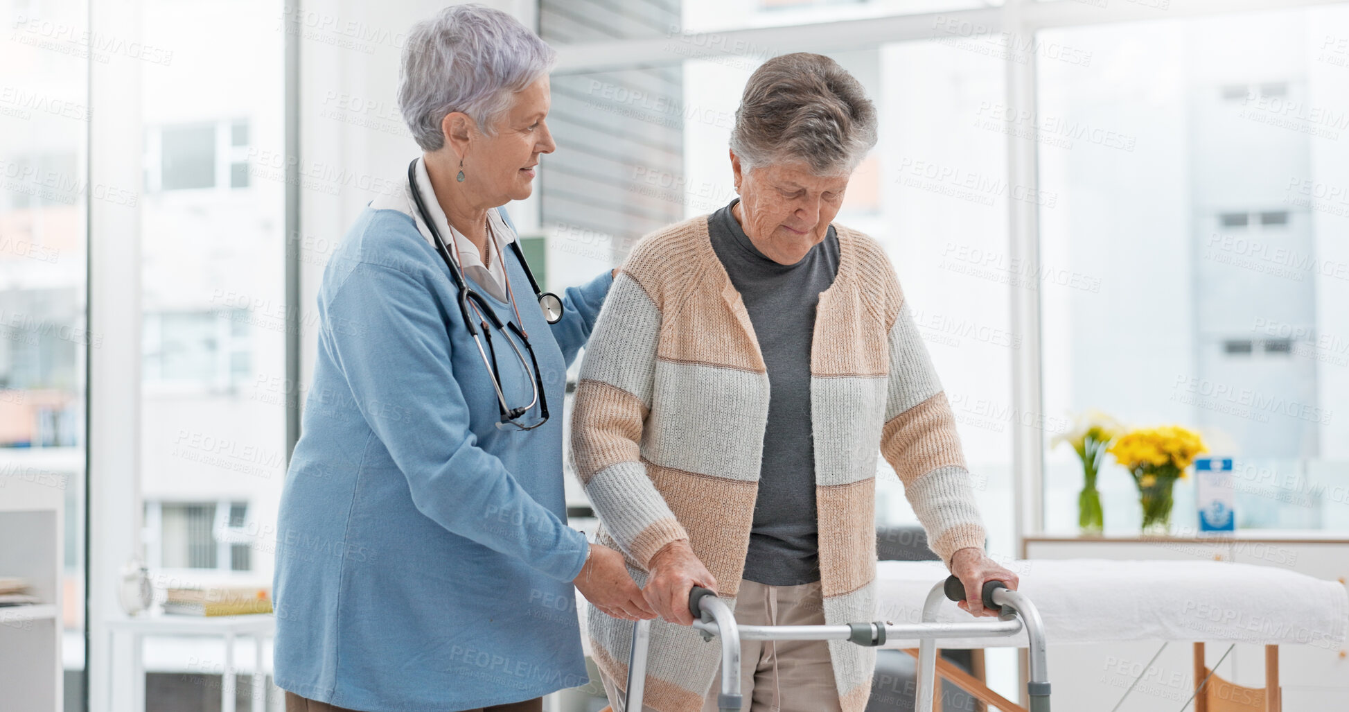 Buy stock photo Rehabilitation, walker or doctor nursing old woman in retirement or hospital for wellness or support. Learning, caregiver helping or elderly patient with walking frame in physical therapy recovery