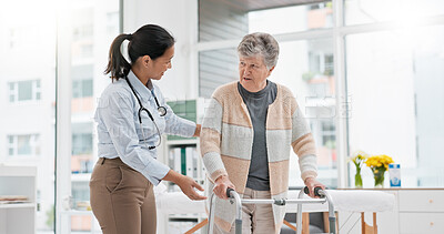 Physical therapy, walker or doctor nursing old woman in retirement or hospital for wellness or support. Exercise, caregiver helping or elderly patient learning with walking frame in rehabilitation