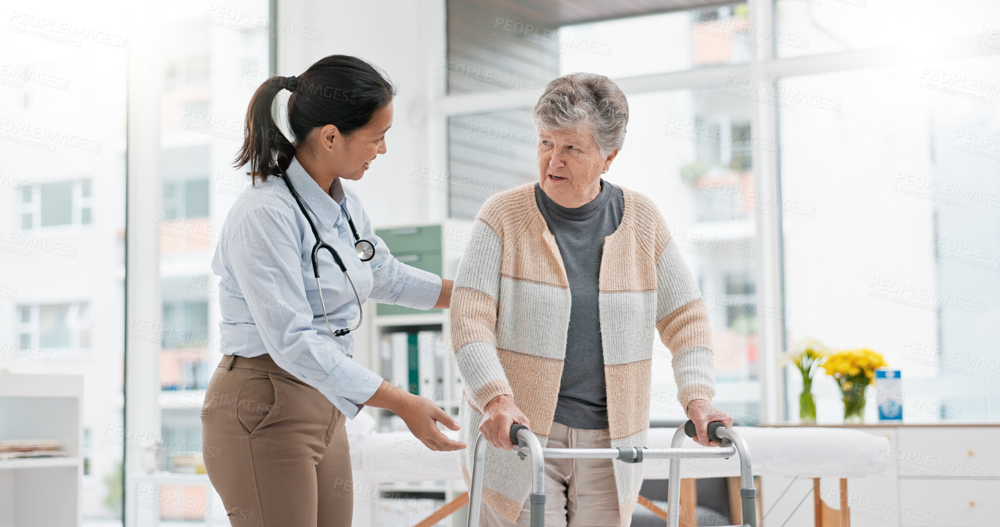 Buy stock photo Physical therapy, walker or doctor nursing old woman in retirement or hospital for wellness or support. Exercise, caregiver helping or elderly patient learning with walking frame in rehabilitation