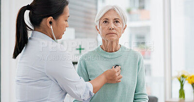Buy stock photo Old woman, doctor or stethoscope to check heartbeat or breathing and health of elderly patient in hospital. Consultation, listening or nurse with a senior patient for healthcare or wellness in clinic