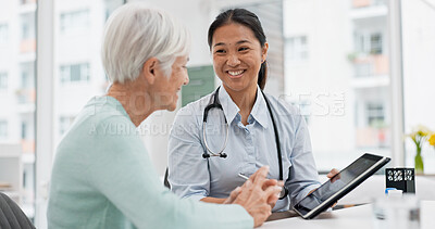Talking, doctor or elderly patient with tablet for results, digital report or health report history online in hospital. Medical, healthcare or nurse with advice, news update or support for old woman