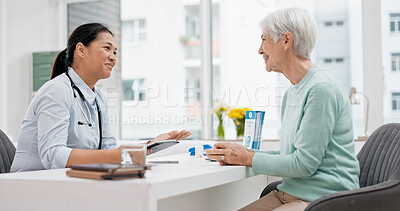 Medical consultation, tablet and senior woman, doctor and talk to patient, explain hospital services or healthcare insurance. Chat, results or cardiology worker consulting, advice or help old person