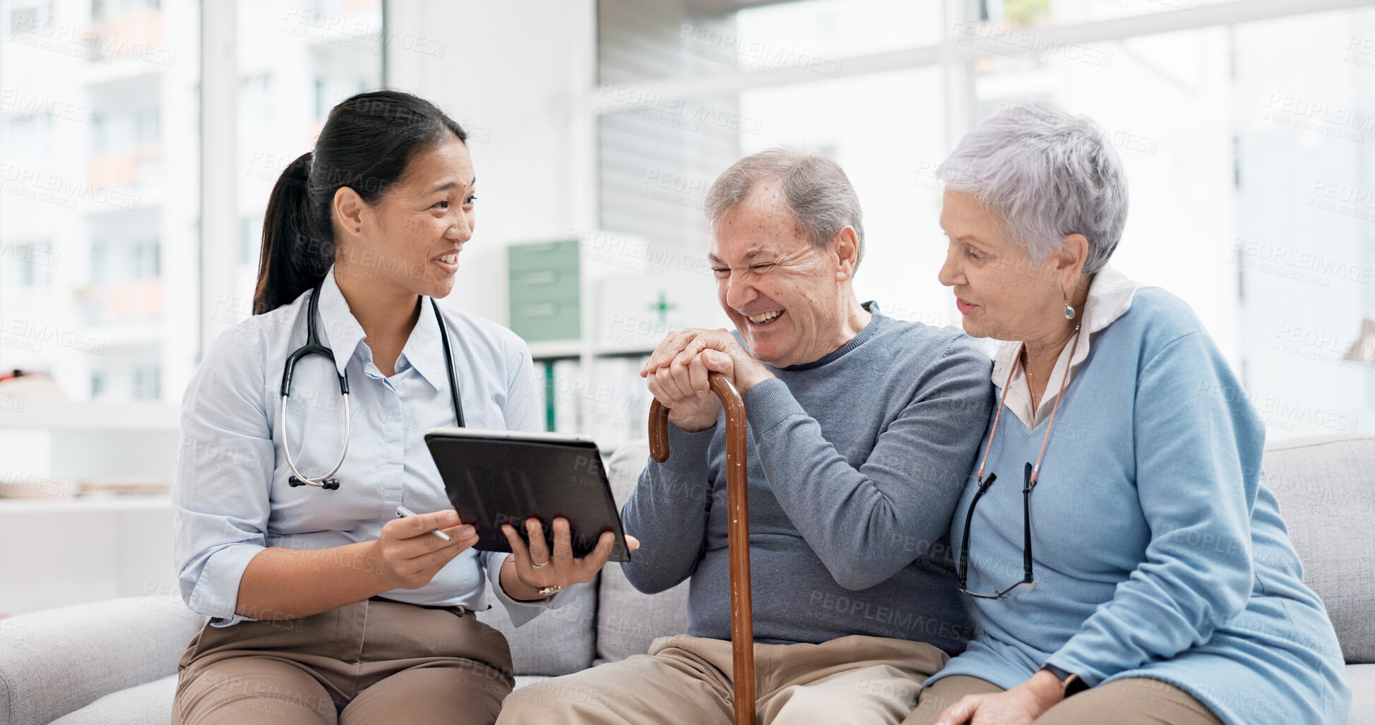 Buy stock photo Healthcare, doctor tablet and senior couple with digital results in retirement home with caregiver support. Nursing, technology and online information with communication and elderly patient with talk