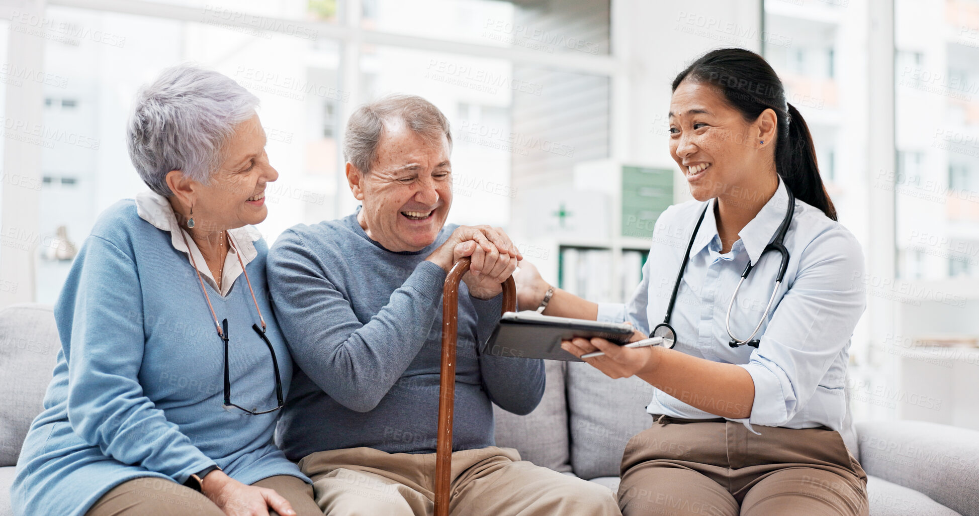 Buy stock photo Healthcare, doctor tablet and senior couple with digital results in retirement home with caregiver support. Nursing, technology and online information with communication and elderly patient with talk