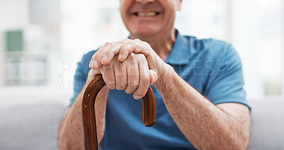 Buy stock photo Walking stick, hands and happy elderly man with wooden cane on sofa for balance, support and mobility. Walk, aid and old male at senior care facility with disability, dementia or chronic arthritis