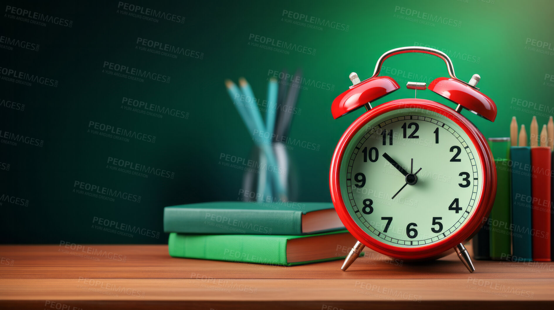 Buy stock photo Red clock on desk with books on green copyspace background