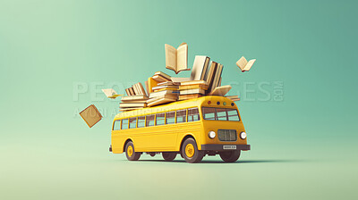 Buy stock photo Yellow school bus and books on green copyspace background