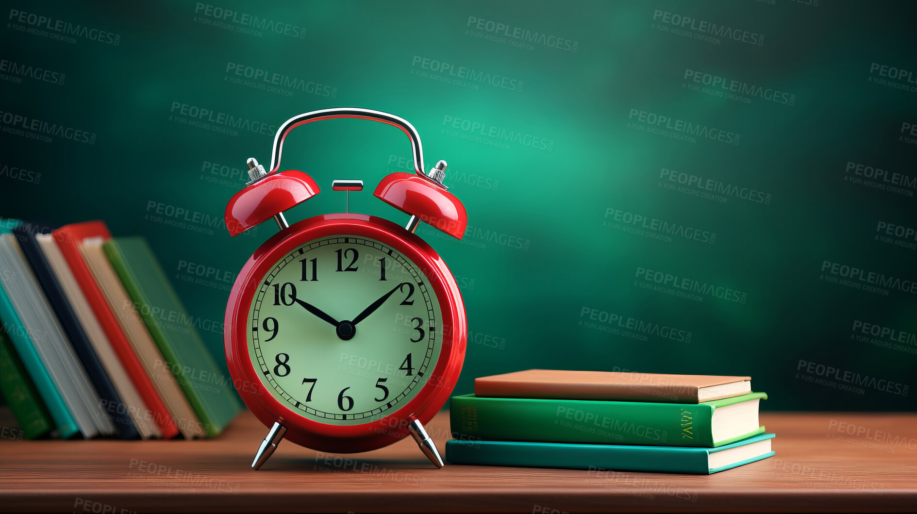 Buy stock photo Red clock on desk with books on green copyspace background