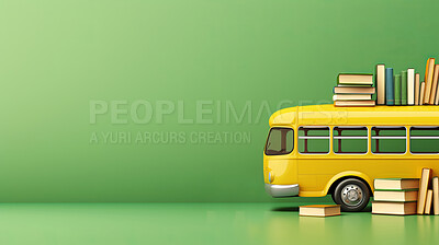 Buy stock photo Yellow school bus and books on green copyspace background