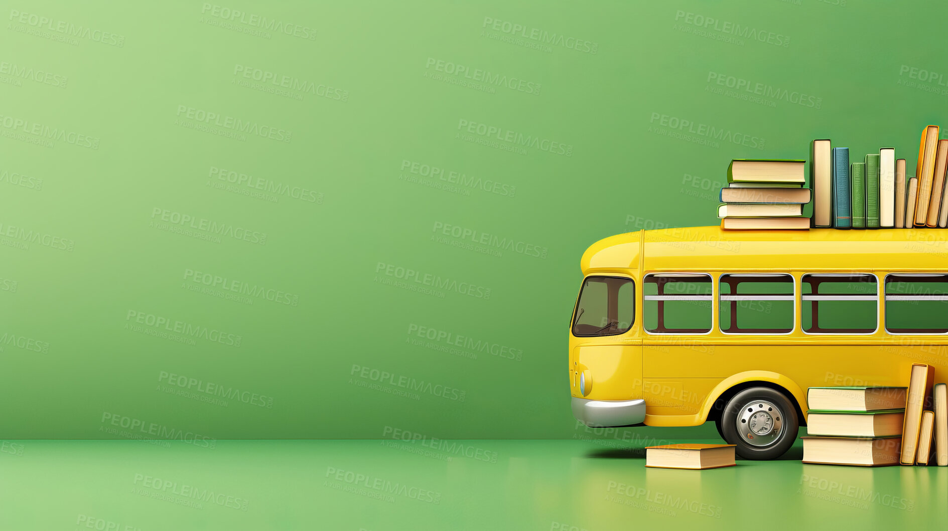 Buy stock photo Yellow school bus and books on green copyspace background