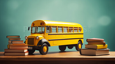 Buy stock photo Yellow school bus and books on green copyspace background