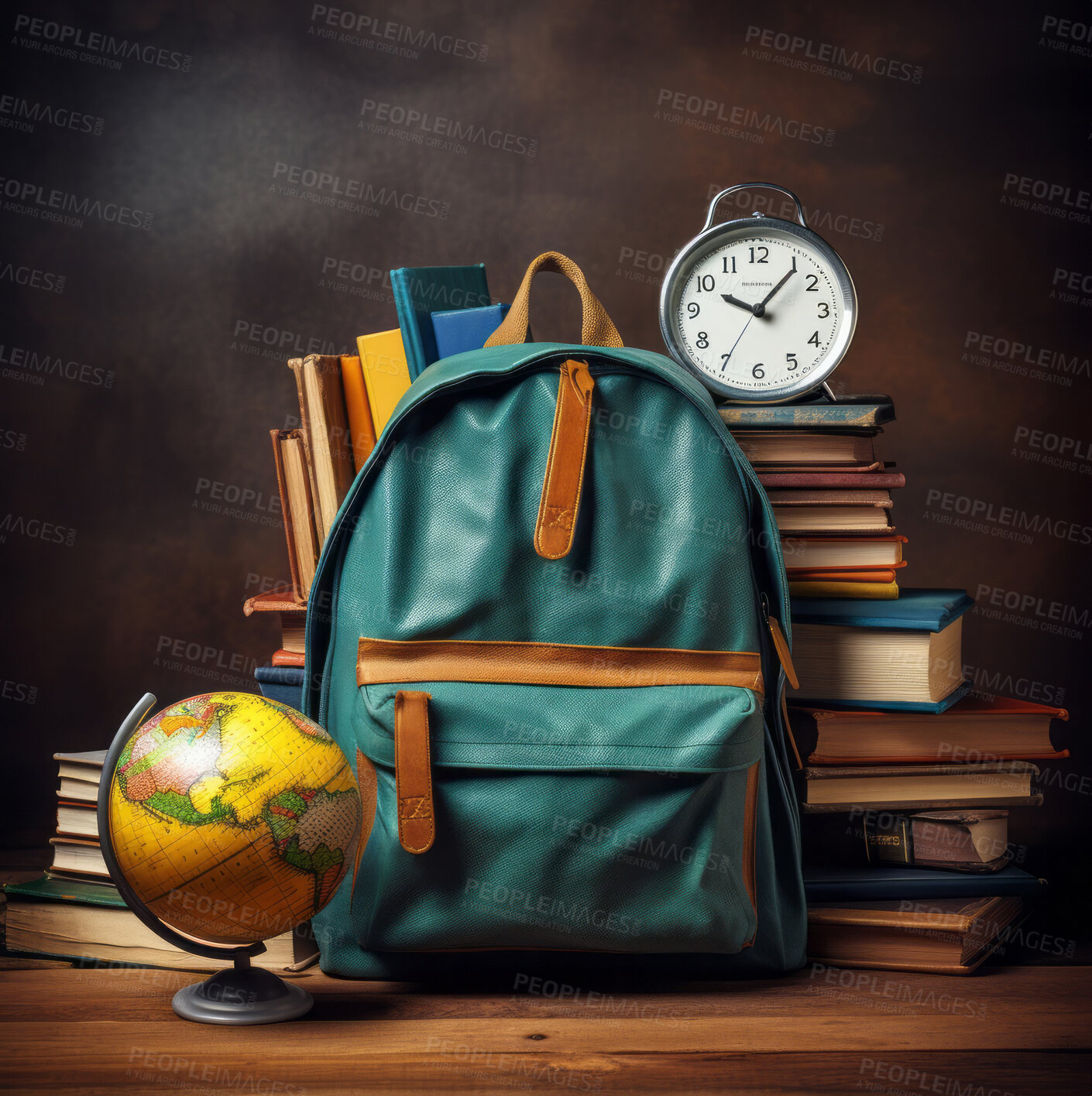 Buy stock photo Backpack, books and apples with clock and globe on dark copyspace background