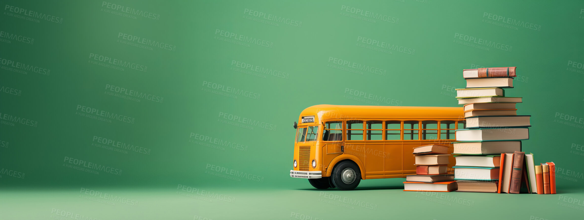 Buy stock photo Yellow school bus and books on green copyspace background