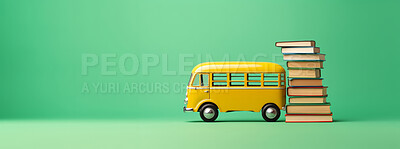 Buy stock photo Yellow school bus and books on green copyspace background