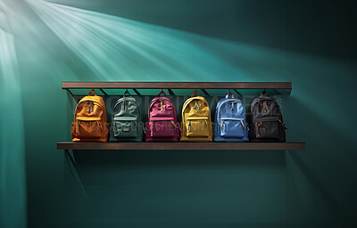 Buy stock photo Colorful backpacks in row on green copyspace background, design mockup