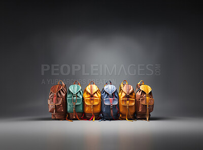 Buy stock photo Backpacks in row on dark copyspace background, design mockup