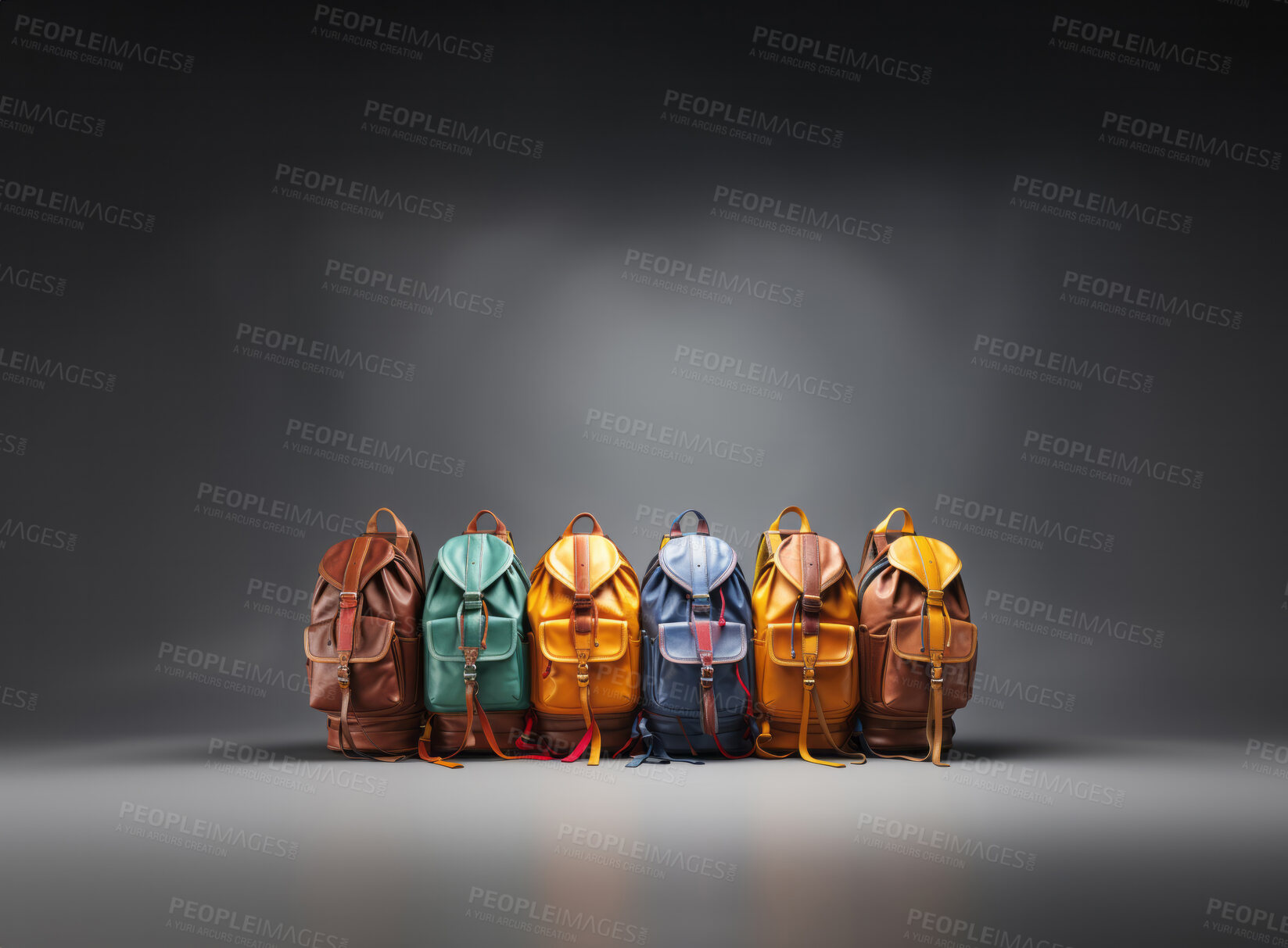 Buy stock photo Backpacks in row on dark copyspace background, design mockup