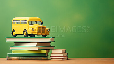 Buy stock photo Yellow school bus and books on green copyspace background