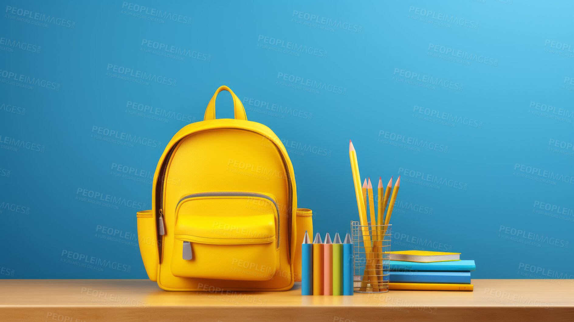 Buy stock photo Backpack, books, and pencils on table on blue copyspace background