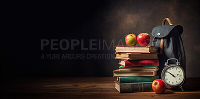 Backpack, books and apples with clock on dark copyspace background